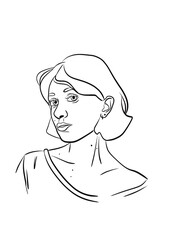 Illustration d’un portait de jeune femme aux cheveux court , ligne simple noir. Dessin féminin et sensuel. 