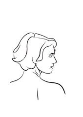 Illustration d’une femme vu de profil. Nuque dégagée au cheveux court. Dessin en noir et blanc ligne simple.