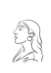 Illustration de profil, d’une jolie femme bohémienne au nez aquilin. Dessin au ligne simple noir