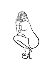 Illustration d’une femme en robe assise en talon haut. Dessin féminin et sexy, au ligne simple noir.