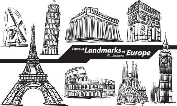Famous Landmarks of Europe design freehand doodle set collection vector illustration