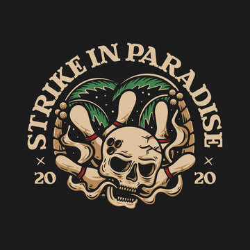 Funny Bowling game paradise skull head design illustration t-shirt vector graphic design