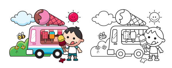 Fototapeta premium Cute cartoons and characters are designed with a black-and-white outline. Illustration of a Little Boy and a Truck with an Ice Cream.