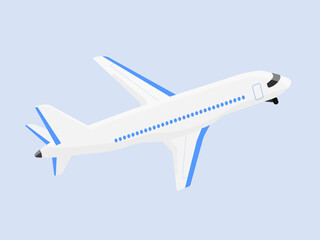 A white plane flies in the sky. A plane with blue windows. The flight and the journey. Vector illustration