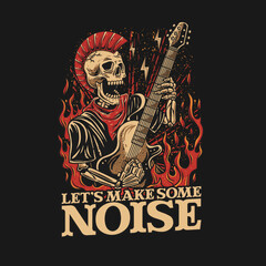 Death Guitarist Skeleton Burning. Skull with Guitar. Retro Design Vector Illustration