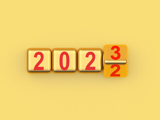 Golden cubes with the changing number 2023 and 2022 of the New Year on a yellow background. 3D illustration