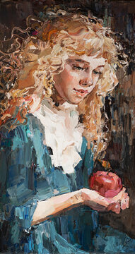 The blond-haired woman with apple in her arm. The background is created in various shades of brown and black. Oil painting on canvas.