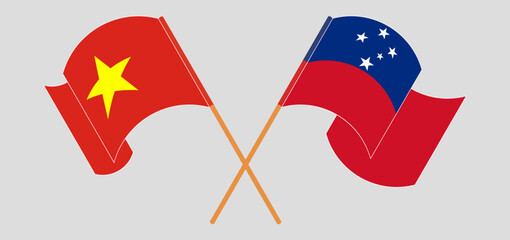 Crossed and waving flags of Vietnam and Samoa