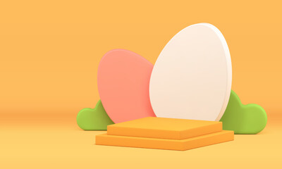 3d Easter podium festive chicken eggs fluffy cloud for holiday celebration realistic vector
