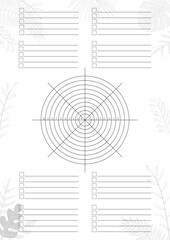 Empty Wheel of Life - diagram with blank lines to fill. A4 print ready Coaching tool for bullet journal page, daily planner template, blank for notebook, blank with empty space.