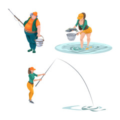 fishing, cartoon people fish, isolated objects, against the background of the river, shore, man, woman, hobby