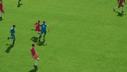 Soccer Football Match Major League Championship: Red Team Attacks, Forward Players Play Pass, Hit and Miss the Gates. Intense Sports Game. Sport Channel Broadcast Television Playback. Elevated Shot
