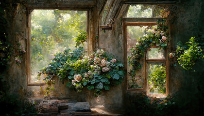 Fototapeta na wymiar AI generated image of a beautiful picture window in an abandoned house overgrown with flowering plants, and with a view of the garden outside 