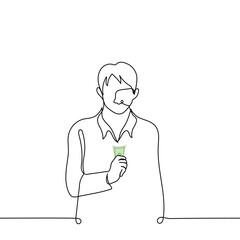 man stands clutching a single banknote in his hand - one line drawing vector. concept small salary, financial crisis, inflation, poverty and misery