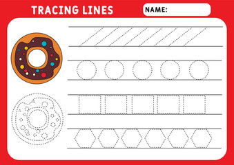 Donut Trace line. Handwriting practice. Tracing lines of Donut. Educational children game, printable worksheet, vector illustration. Trace line worksheet for kids.