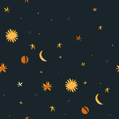 Magical cosmic illustration clipart seamless pattern with sun,moon and stars. Cosmic abstract galaxy sky background. Cartoon style.Hand drawn contemporary art,Bright night sky pattern background.