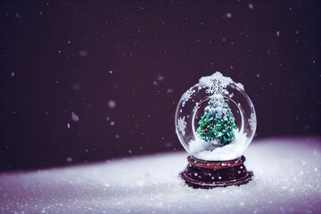 Merry Christmas snow globe with fri trees on winter snowfall background. 
