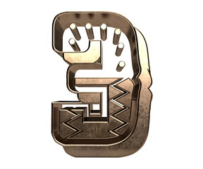Isolated Gold Metallic Three Dimensional Alphabet 3 or Three. Golden 3D Render Illustration with White Background.