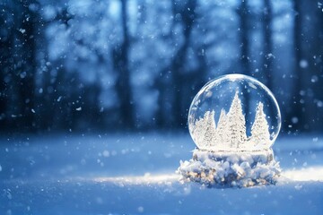 Fototapeta na wymiar Merry Christmas snow globe with fri trees on winter snowfall background. 