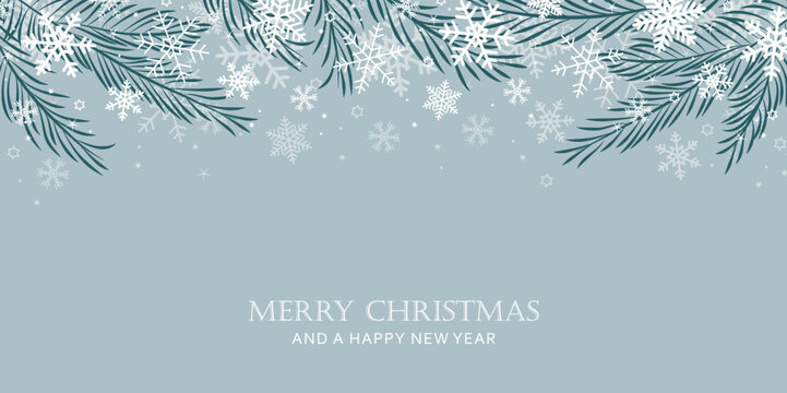 christmas winter background landscape fir branches border with snowfall