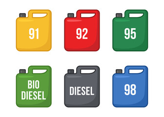Set of gasoline canister icons with different inscriptions: 92, biodiesel, diesel, 98, etc. Vector illustration