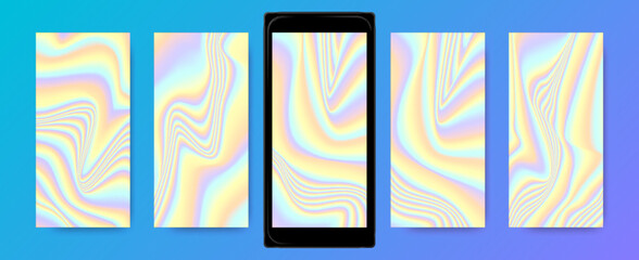 Obraz premium Multicolor Hologram Wallpaper. Abstract Vibrant Templates for Mobile. Mesh Liquid Textures. Holographic Backgrounds. Vector Fluid Screensaver. Bright Gradient Waves. Neon Holography Set.