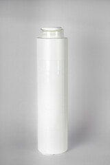 Template for advertising a white shampoo bottle, 3d vector on a gray background. Pot for hygiene, hair and cosmetic products.