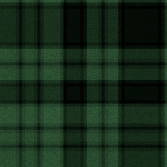 Seamless classic textured tartan plaid. Dark green background.
