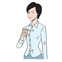 アメコミタッチのコーヒーを持つ女性