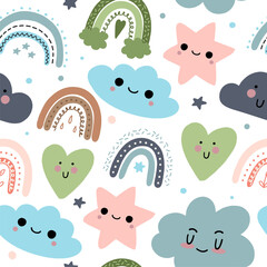 The pattern of cute hearts of stars and rainbows with kawaii eyes. For decoration of childrens rooms and holidays. Vector modern style