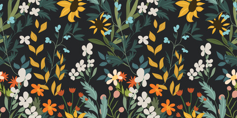 Beautiful seamless floral pattern with various kinds of wild flowers, leaves, plants on a dark background. Colorful botanical print in a simple hand-drawn style. Forest wildflowers collection. Vector 