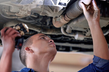 Car, mechanic in garage and service inspection of motor vehicle for maintenance or safety. Auto...