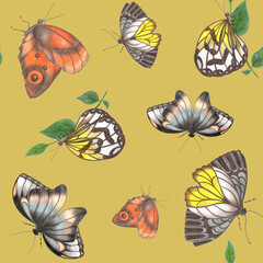 Seamless Pattern with Hand Drawn Colorful Butterflies on Orange Background. Digital Paper with Butterfly.
