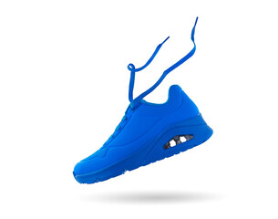 Flying blue sneaker isolated on white background. Fashionable stylish sports casual shoes. Creative...