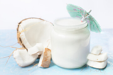 Composition of coconut cream juice, natural summer cocktail type