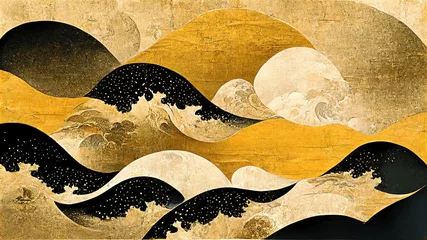 Foto auf Leinwand White, black and gold contemporary artistic Japanese ukiyo-e, folding screen ambience, abstract, elegant, delicate and luxurious retro dramatic graphic design elements © SJYG