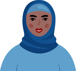 Portrait of a smiling young muslim woman in blue hijab. Cartoon avatar of a beautiful Arab lady dressed in traditional clothes. Vector flat illustration isolated on white background.