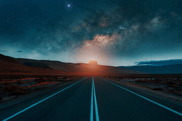 road in the desert with moon and milky way background