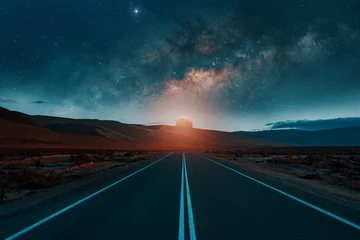 Gordijnen road in the desert with moon and milky way background © oscargutzo