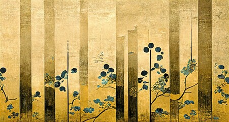 Retro dramatic graphic design elements with golden bamboo forests, flower fields and plants, Japanese style ukiyoe, folding screen atmosphere, abstract, elegant, delicate and luxurious.