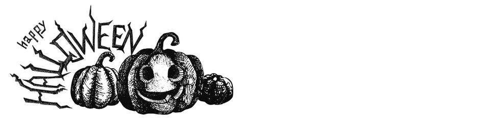 Happy Halloween, greeting banner with hand drawn holiday elements: calligraphic inscription and a pumpkin with a carved scary face. Empty space for entering your information, mockup