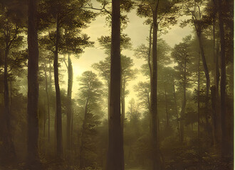 Fototapeta premium Landscape Tree Light Trees Autumn Foggy Nature Woodland Fall Green Misty Branch Morning Forest Pine Sun Sunlight Dark Wood Sunrise Leaf Foliage Mist Fog Woods