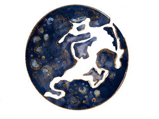 Dark Blue geometrical magic moon. Watercolor dark blue and grey with golden glitter outline. Celestial, tarot, astronomy, magic concept.