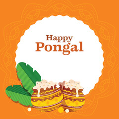 Happy Pongal Celebration Concept With Traditional Dishes In Clay Pots, Banana Leaves On White And Orange Mandala Background.