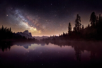 AI generated or 3D illustrated image of the Milky way rising above Yosemite National Park  - obrazy, fototapety, plakaty