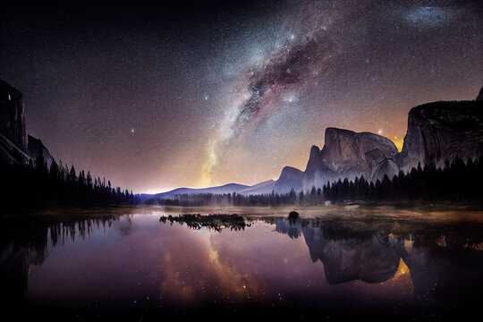 AI generated or 3D illustrated image of the Milky way rising above Yosemite National Park 