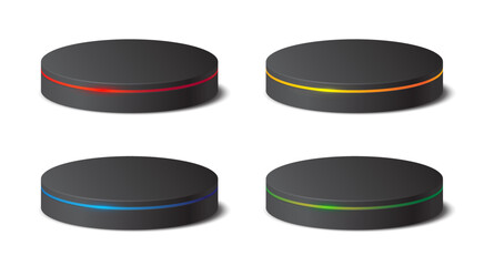 Set of realistic black 3D cylinder pedestal podium with red, green, blue, yellow glowing line lamps. Abstract minimal wall scene. Mockup products, Stage showcase, Vector geometric forms