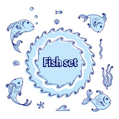 Set, funny, cartoon blue fishes