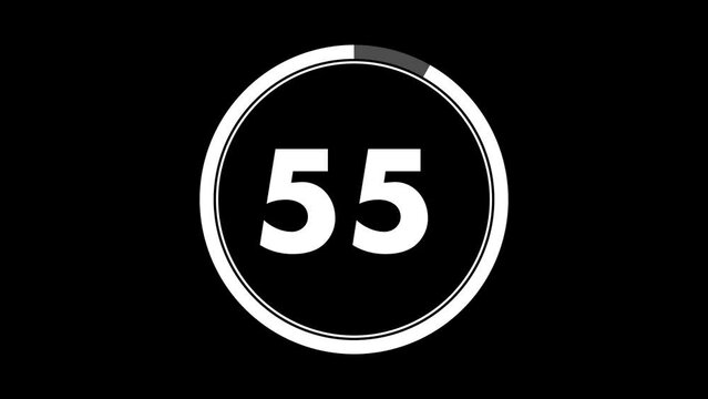 Black and white sixty seconds (1 minute) countdown with a circle reveal. Circular Countdown Clock, 60 Seconds With Numbers And Circles Marking Time
