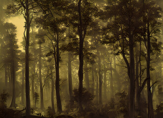 Fototapeta premium Wood Autumn Trees Sunrise Light Green Sunlight Sun Foliage Branch Woods Forest Tree Leaf Woodland Dark Foggy Fall Fog Nature Morning Misty Mist Pine Landscape